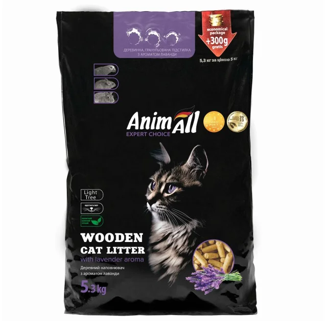 Древесный наполнитель AnimAll с ароматом лаванды, для кошек, 5 кг + 300 г в подарок