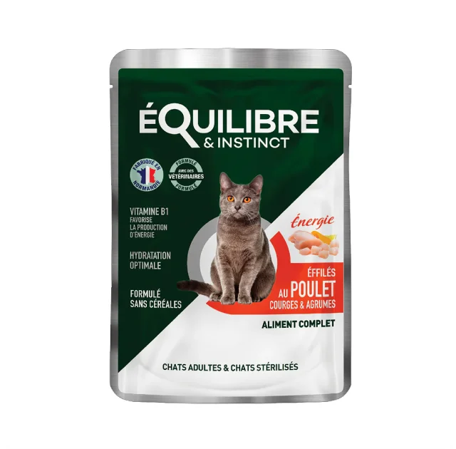 Влажный корм Equilibre&Instinct для взрослых и стерилизованных кошек, с курицей, тыквой и цитрусовыми, кусочки в соусе, 85 г