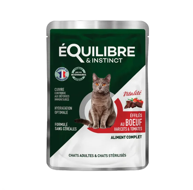 Влажный корм Equilibre&Instinct для взрослых и стерилизованных кошек, с говядиной, фасолью и томатами, кусочки в соусе, 85 г