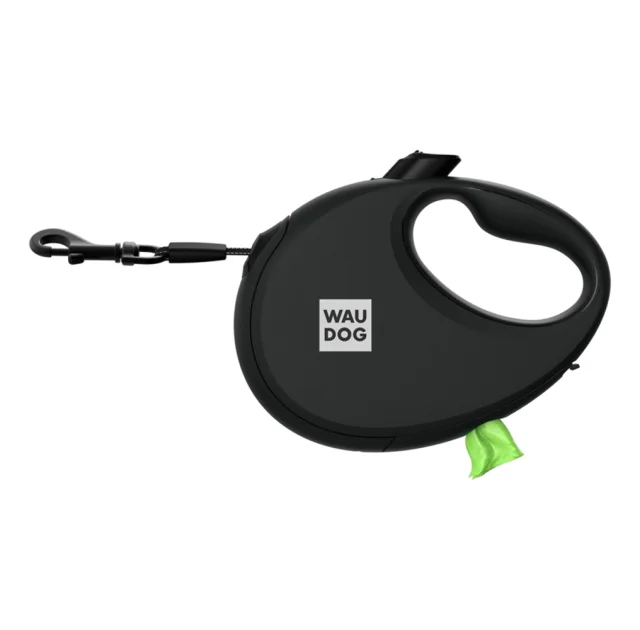 Повідець-рулетка Waudog R-leash для собак з контейнером для пакетів, світловідбивна стрічка, L, до 40 кг, 5 м, чорний