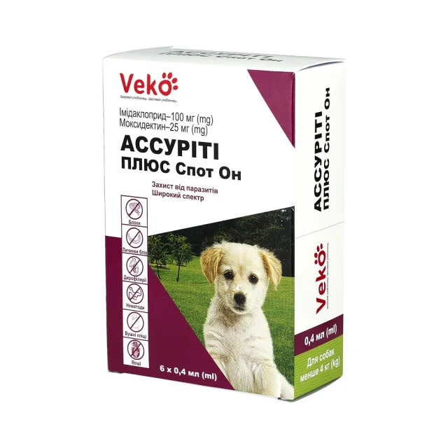 Капли Veko Ассурити Плюс Спот Он против паразитов для собак до 4 кг, 0.4 мл, цена за 1 пипетку