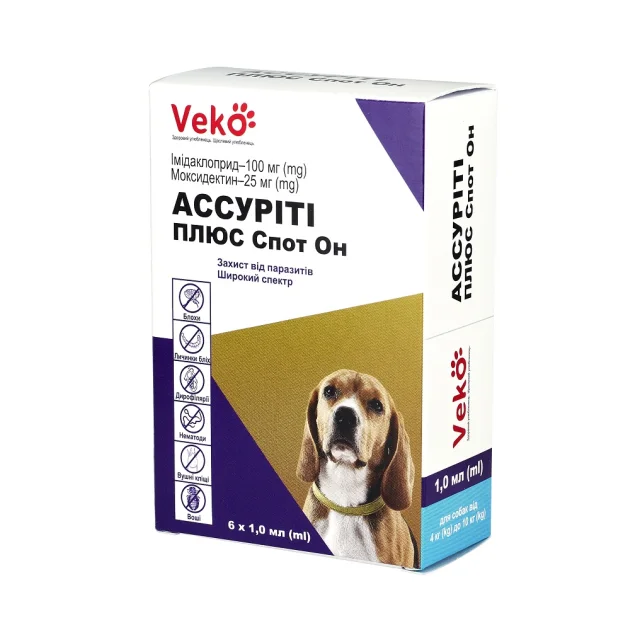 Капли Veko Ассурити Плюс Спот Он против паразитов для собак весом 4-10 кг, 1 мл, цена за 1 пипетку