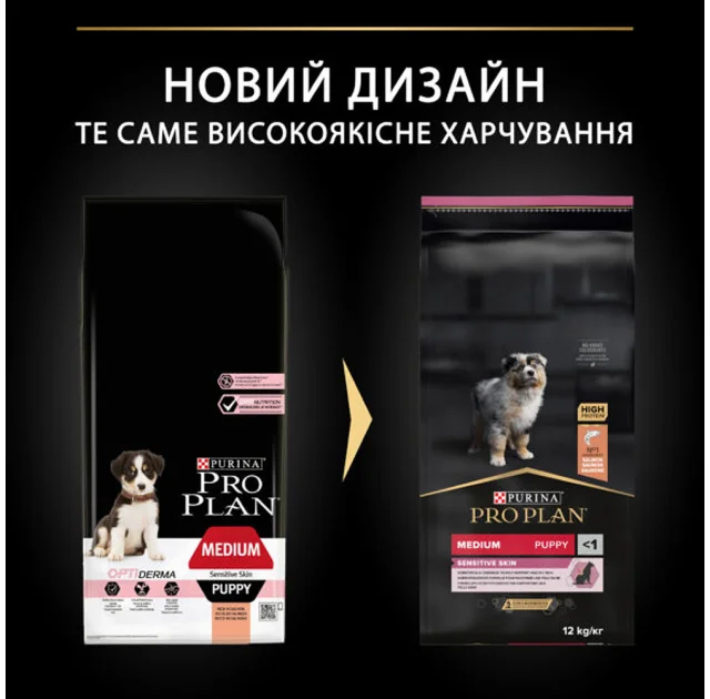Сухий корм Purina Pro Plan Dog Medium Puppy OptiDerma для цуценят середніх порід, з лососем і рисом, 12 кг