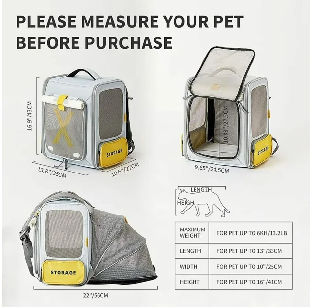 Рюкзак-переноска Petkit Breezy Zone Yellow/Grey для собак и кошек, 35×27×43 см, серый