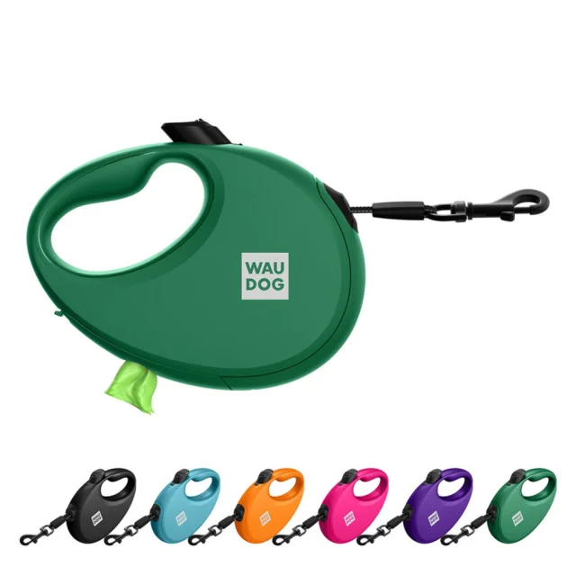 Повідець-рулетка Waudog R-leash з контейнером для пакетів для собак, світловідбивна стрічка, M, до 20 кг, 5 м, зелений
