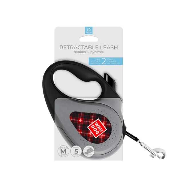 Поводок-рулетка Waudog R-leash для собак, рисунок "Шотландка", светоотражающая лента M, 25 кг, 5 м