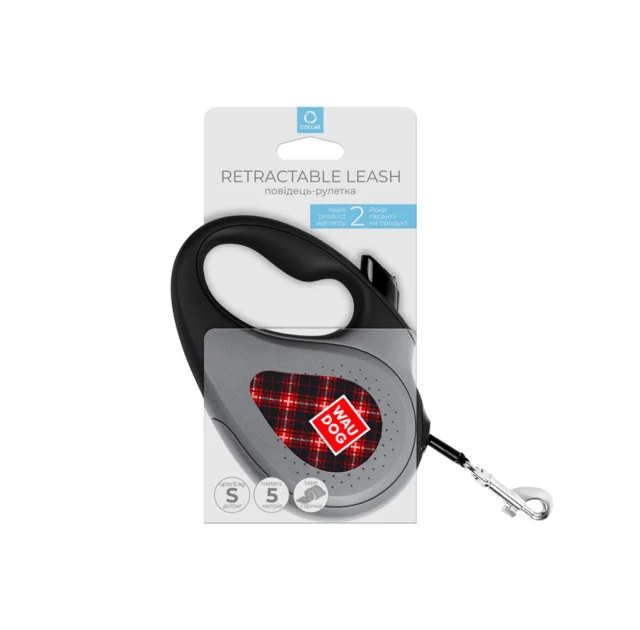 Поводок-рулетка Waudog R-leash для собак, рисунок "Шотландка", светоотражающая черная лента, S, 15 кг, 5 м