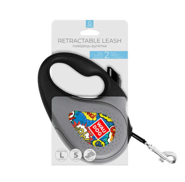 Поводок-рулетка Waudog R-leash для собак, рисунок "Вау", светоотражающая лента L, 50 кг, 5 м