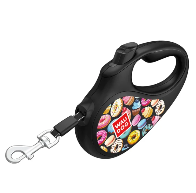 Повідець-рулетка Waudog R-leash,для собак, малюнок "Пончики", світловідбиваюча стрічка чорний, L, 50 кг, 5 м