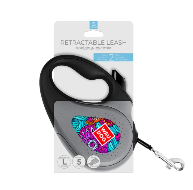 Поводок-рулетка Waudog R-leash для собак, рисунок "Лето", светоотражающая черная лента, L, 50 кг, 5 м