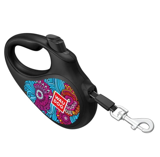 Поводок-рулетка Waudog R-leash для собак, рисунок "Лето", светоотражающая черная лента, L, 50 кг, 5 м