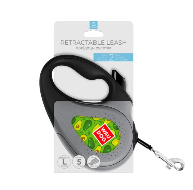 Поводок-рулетка Waudog R-leash для собак, рисунок "Авока", светоотражающая лента, L, 50 кг, 5 м
