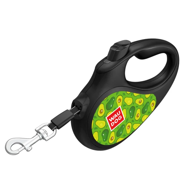 Поводок-рулетка Waudog R-leash для собак, рисунок "Авока", светоотражающая лента, черный, M, 25 кг, 5 м