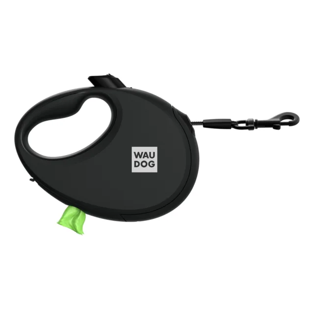 Поводок-рулетка Waudog R-leash для собак с контейнером для пакетов, М, до 20 кг, 5 м, черный