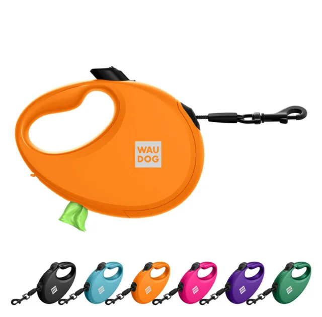 Поводок-рулетка Waudog R-leash, для собак с контейнером для пакетов,  M, до 20 кг, 5м, оранжевый