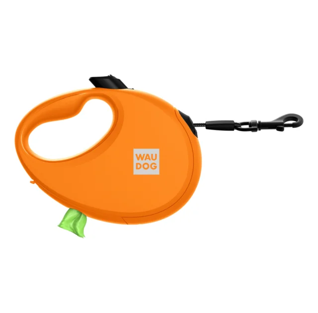 Поводок-рулетка Waudog R-leash, для собак с контейнером для пакетов,  M, до 20 кг, 5м, оранжевый