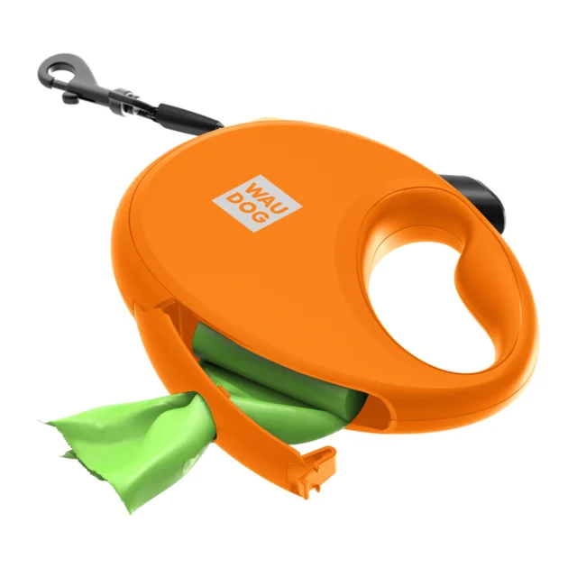 Поводок-рулетка Waudog R-leash, для собак с контейнером для пакетов,  M, до 20 кг, 5м, оранжевый
