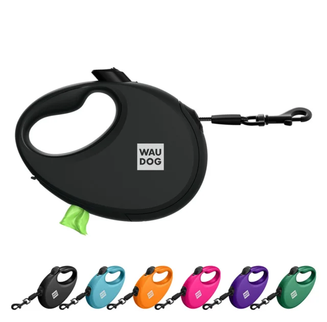 Повідець-рулетка Waudog R-leash для собак з контейнером для пакетів, світловідбивна стрічка, L, до 40 кг, 5 м, чорний