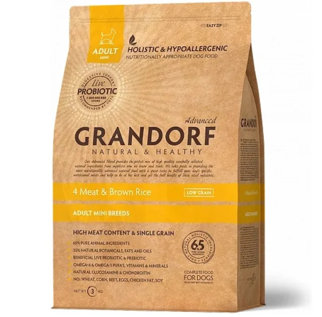Сухий корм Grandorf Living Probiotics 4 Meat & Brown Mini для собак малих порід, 4 м'яса з пробіотиками, 3 кг