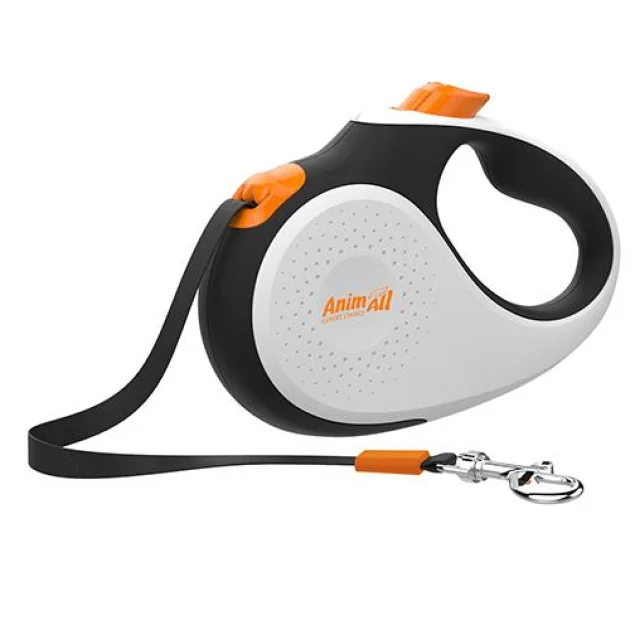 Рулетка-поводок AnimAll Deluxe S для собак до 15 кг/5 метров, Бело-черный/оранжевый