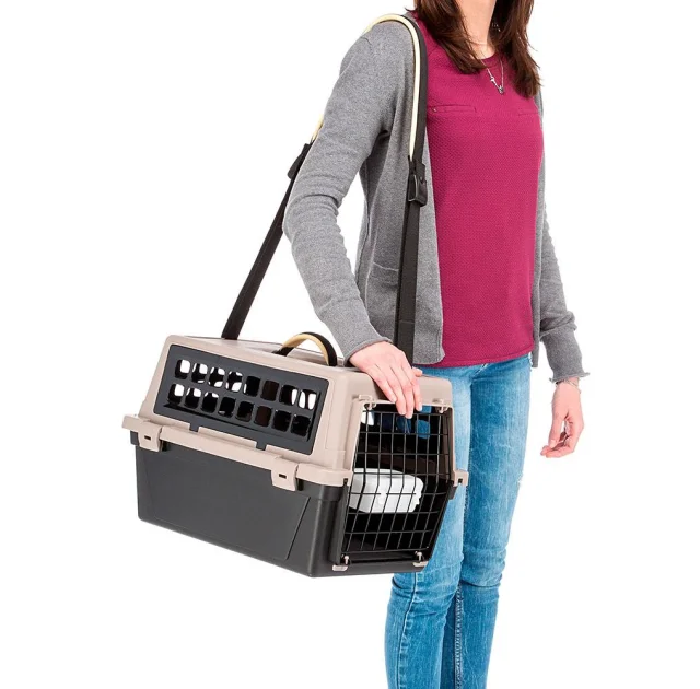 Переноска з ременем Ferplast Carrier Atlas 20 Trendy Plus для котів і собак, бежево-чорна, 58.5×37×32 см