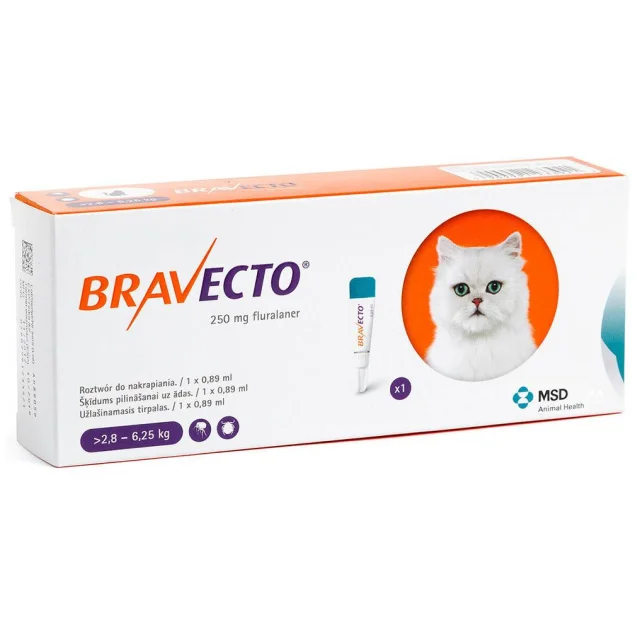 Краплі Bravecto Spot On від бліх і кліщів для кішок середніх розмірів вагою від 2,8 до 6,25 кг, 1 піпетка, 250 мл