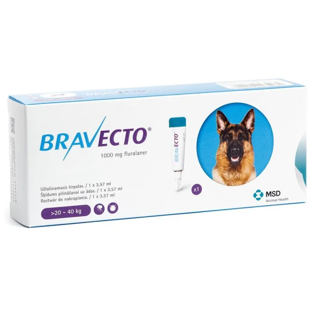 Капли Bravecto Spot On от блох и клещей для собак крупных пород весом от 20 до 40 кг, 1 пипетка, 1000 мл